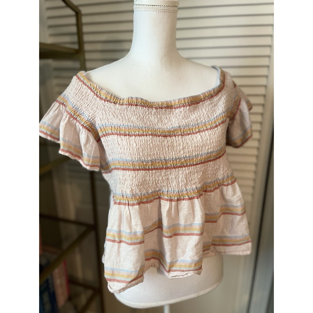 American Eagle Women's Short Sleeve Smocked‎ Top Stripes XL
